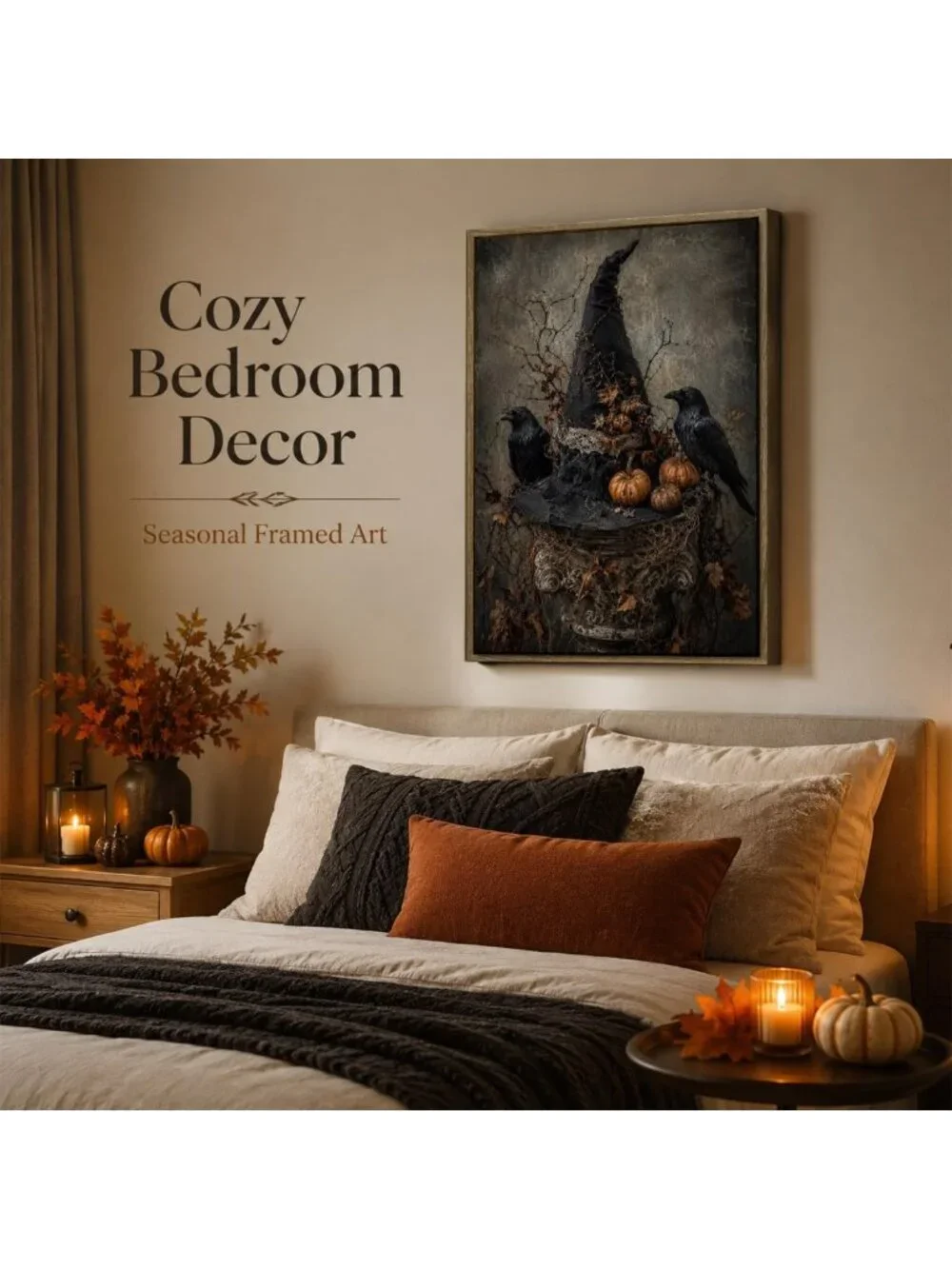 Spooky Halloween Framed Wall Art - Witch Hat, Raven & Pumpkin Decor